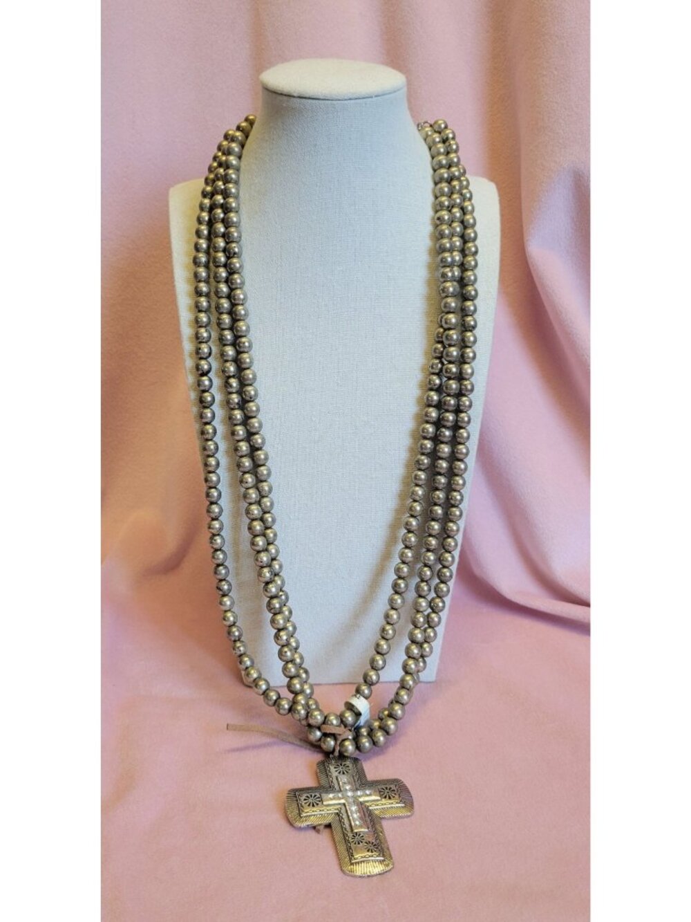 Silver Tone Beaded Layered Multi-strand Rhinestone Cross Pendant Necklace N1F